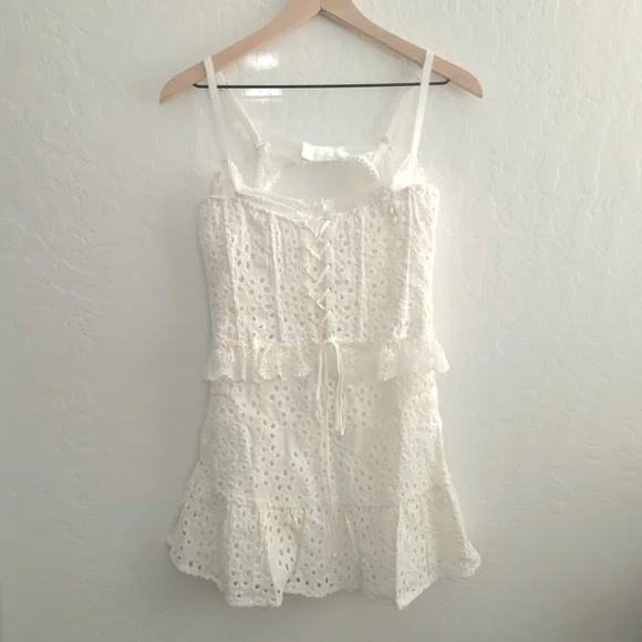 NWT For Love & Lemons Sadie White Lace Eyelet Corset Bustier Ruffle Mini Dress M - Picture 8 of 12